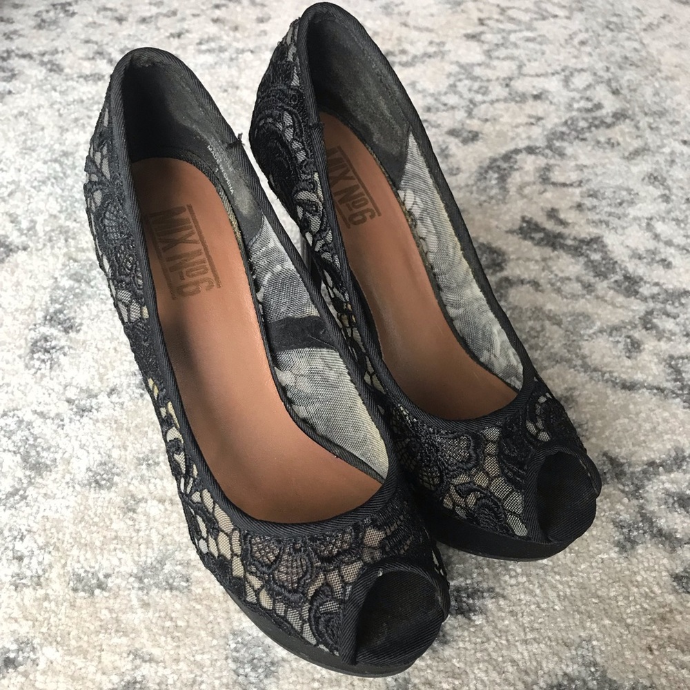 Mix No. 6 Black lacy peep toe stiletto heels